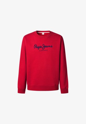 Red crewneck sweatshirt with long sleeves, ribbed cuffs and hem, featuring "Pepe Jeans London" logo in navy blue on the front.