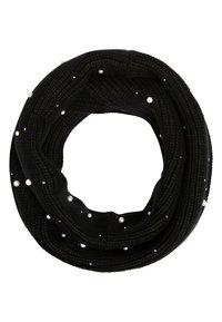 Écharpe noire en tricot sans fin ornée de petites perles blanches réparties uniformément sur le tissu.