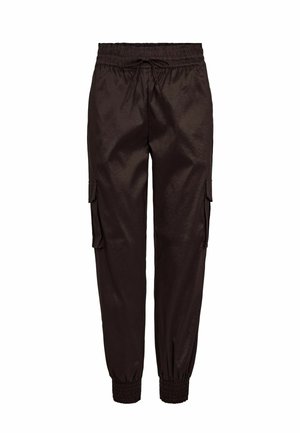 Pantaloni cargo marrone scuro realizzati in tessuto leggero, con vita elasticizzata, coulisse regolabile e due tasche laterali.