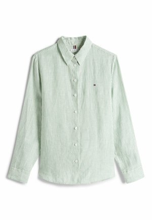 Light green striped long-sleeve shirt made from cotton, featuring a button-down collar, button front, and a small logo on the chest.
