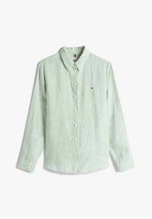 Light green striped long-sleeve shirt made from cotton, featuring a button-down collar, button front, and a small logo on the chest.