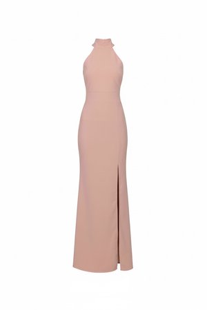 Ärmelloses, bodenlanges Kleid in Blush-Pink mit hohem Ausschnitt und vorderem Oberschenkel-Schlitz, figurbetonte Silhouette.