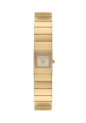 Gold-tone metal watch with a rectangular face, minimalist design, and a light-colored dial. Features a textured link bracelet.
