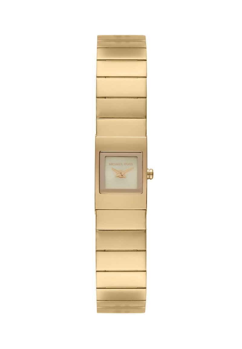 Reloj de metal en tono dorado con esfera rectangular, diseño minimalista y una esfera de color claro. Presenta una pulsera de eslabones texturizada.