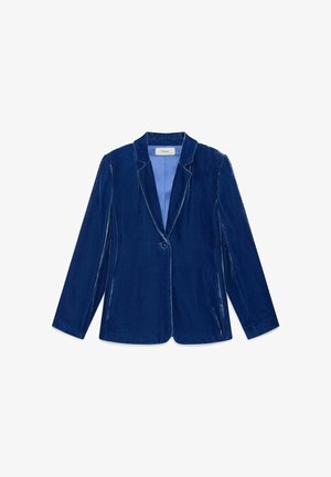 Blazer in velluto blu scuro con rever a lancia, chiusura con un bottone e fodera interna azzurro chiaro a contrasto. Tessuto liscio e vestibilità sagomata.