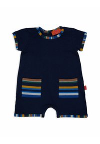 Romper blu navy con maniche corte, colletto a righe e tasche a toppa, caratterizzato da strisce orizzontali multicolori. Chiusura a bottoni al collo.