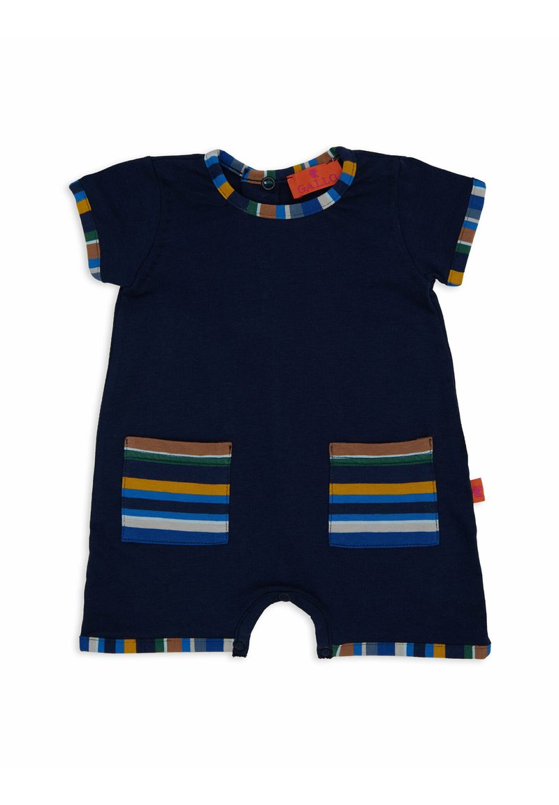 Romper blu navy con maniche corte, colletto a righe e tasche a toppa, caratterizzato da strisce orizzontali multicolori. Chiusura a bottoni al collo.