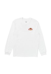 Hvit langermet skjorte laget av bomull, med en rød og gul Billabong-logo på venstre bryst; rund hals og elastiske mansjetter.