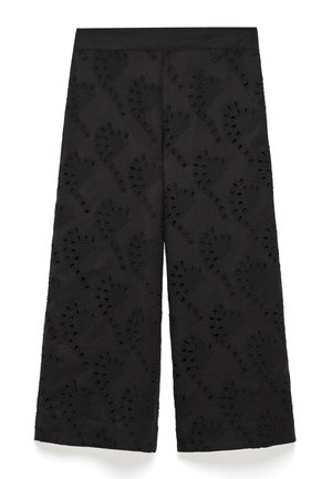 Black wide-leg pants made from textured fabric featuring an intricate cut-out floral pattern throughout. Hem finishes are clean.