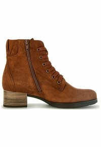 Bottines en daim marron avec un bout arrondi, un laçage à l'avant et une fermeture éclair sur le côté. Présente un talon bloc empilé texturé.