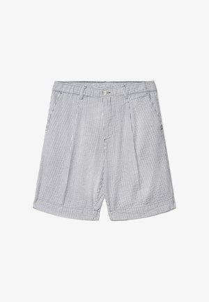 Maßgeschneiderte Herren-Shorts mit dünnen, vertikalen navy-blauen und weißen Streifen, Knopfverschluss, Gürtelschlaufen und umgeschlagenen Säumen.