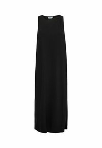 Robe noire sans manches en tissu lisse, avec un design simple, dotée d'un détail froncé à l'épaule et d'entailles sur les côtés.