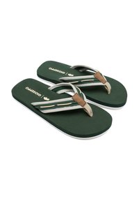 Chanclas verdes con una correa texturizada y un acento marrón, con rayas en gris claro y crema, montadas sobre una suela acolchada.