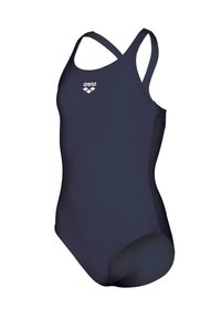 Mørkeblå badedragt lavet af glat stof, med racerback-design, logo accenter på brystet og moderat dækning.