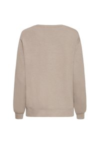Sweatshirt beige à manches longues, avec un grand col et des poignets côtelés. Texture lisse sans motifs ou accents visibles sur la vue arrière.