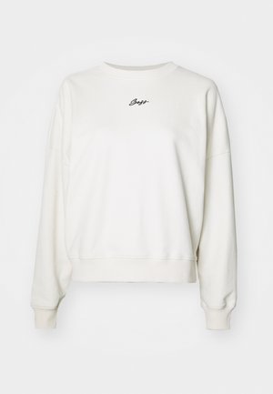 Sweatshirt branco de algodão com gola redonda, ombros caídos, punhos canelados e logótipo "Boss" bordado em preto no peito.