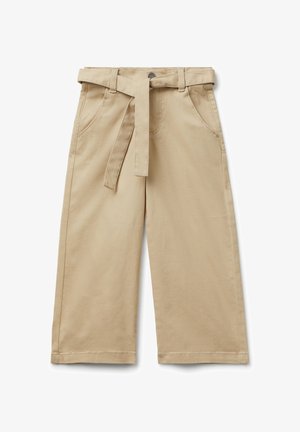 Beige wijde broek met een ceintuur, voorzakken en een gladde katoenen textuur. Voorzien van een knoopsluiting en rechte zoomlijnen.