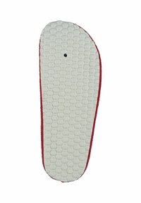 Red shoe insole with a hexagonal textured white rubber bottom and a soft red fabric top. Features a small hole for ventilation.