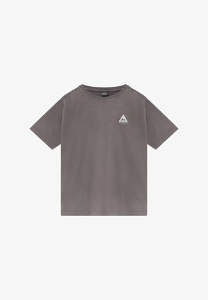 Grijs katoenen T-shirt met een ronde hals en korte mouwen. Voorzien van een klein wit driehoekig logo op de linkerborst. Gladde textuur.