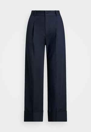 Navy blue wide-leg trousers made of smooth fabric with front pleats, a button closure, and turned-up cuffs at the hem.