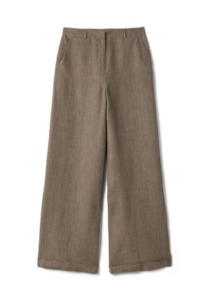 Brown wide-leg linen pants with front pockets, belt loops, and stitched hems, laid flat on a white background.