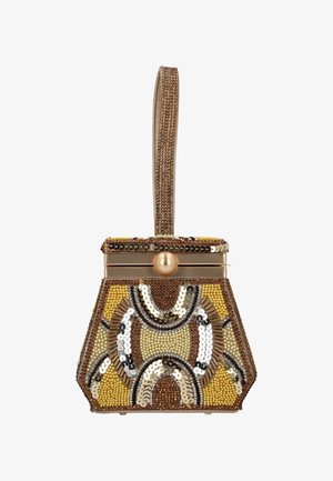 Borsa con perline con motivo geometrico nei toni del marrone, giallo e argento. Forma esagonale, chiusura dorata e manico decorativo con paillettes.