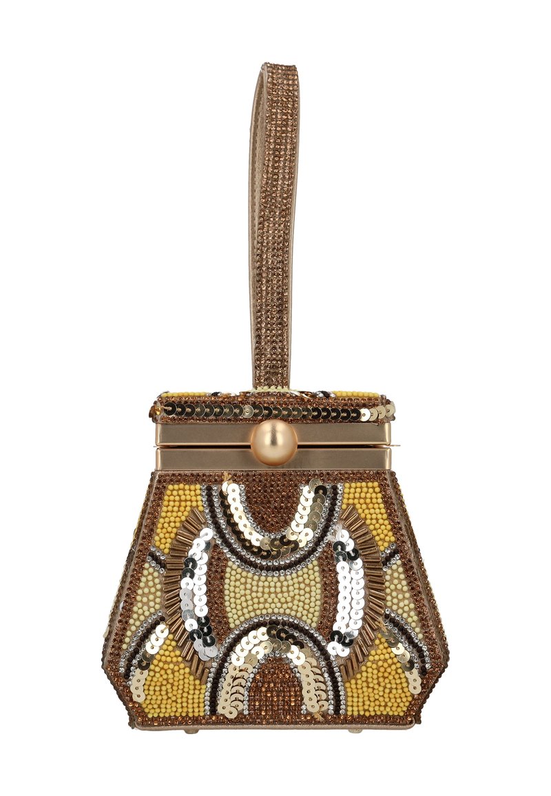 Borsa con perline con motivo geometrico nei toni del marrone, giallo e argento. Forma esagonale, chiusura dorata e manico decorativo con paillettes.