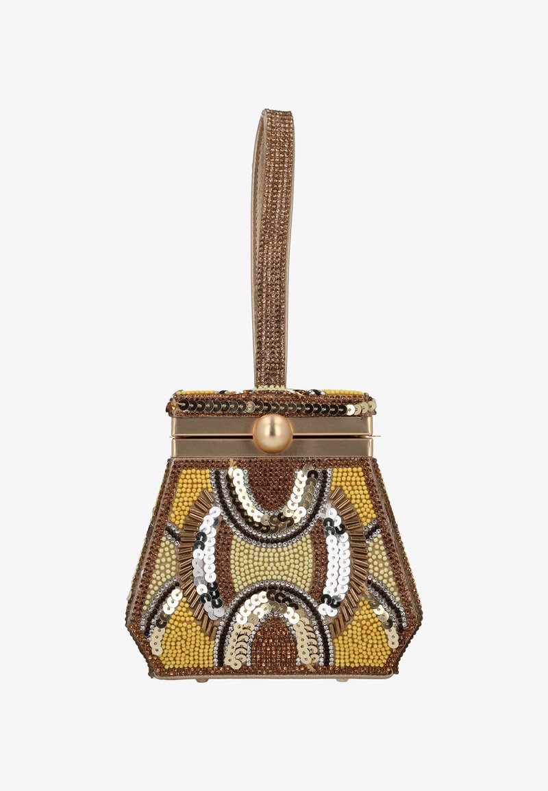 Borsa con perline con motivo geometrico nei toni del marrone, giallo e argento. Forma esagonale, chiusura dorata e manico decorativo con paillettes.