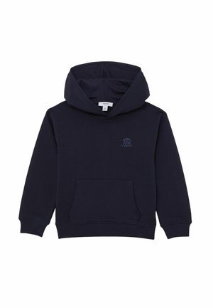 Marineblauwe hoodie van zacht katoenen stof met een zak aan de voorkant, een capuchon met trekkoord en een geborduurd logo op de borst.