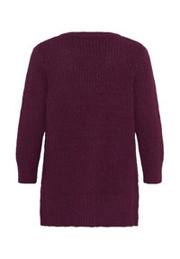 Maglione bordeaux lavorato a maglia con una vestibilità ampia, maniche lunghe e una texture a costine. Presenta un orlo dritto e un ampio scollo a girocollo.