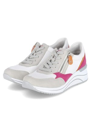 Gray and white sneaker featuring a textured upper, pink and orange accents, lace closure, and a side zipper. Cushioned white sole.