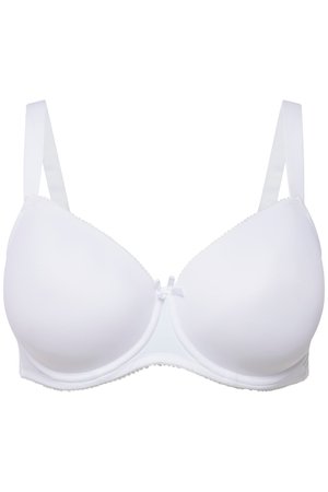 Reggiseno bianco con coppe modellate, spalline regolabili e piccolo fiocco decorativo al centro davanti, mostrato su sfondo bianco.