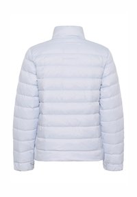 Hellblauer Pufferjacke mit horizontal gequiltetem Design, hohem Kragen und glatter Textur, ausgestattet mit einer Rückenpasse und ohne sichtbare Hardware.