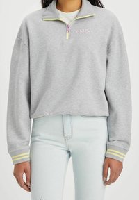 Sudadera gris con cuello de media cremallera, cremallera amarilla y logo bordado en rosa. Presenta puños a rayas y un ajuste relajado.