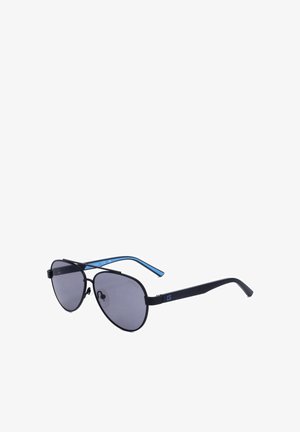 Occhiali da sole aviator neri con lenti scure e aste interne blu, mostrati in una vista laterale inclinata su sfondo bianco.