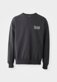 Schwarzes Rundhals-Sweatshirt aus Baumwolle, mit gerippten Bündchen und Saum. Auf der linken Vorderseite befindet sich weißer Text "Fantasy people" in fetter Schrift.