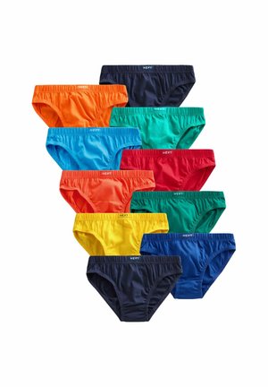 Zehn bunte Jungen-Slips, angeordnet in zwei Spalten, die elastische Bund mit der Marke "Next" auf weißem Hintergrund zeigen.