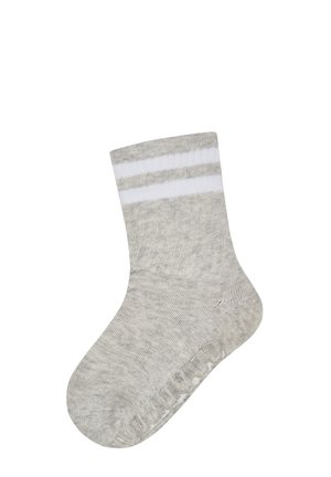 Light gray ankle sock with two white horizontal stripes near the cuff and non-slip grips on the sole.