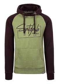 Green and dark brown hooded sweatshirt, featuring a front pocket, drawstring hood, and printed text design with "Spitzbub EST 2017."