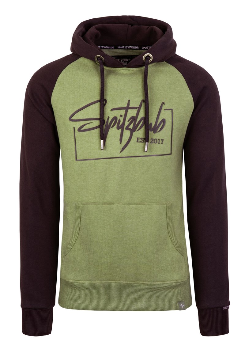 Green and dark brown hooded sweatshirt, featuring a front pocket, drawstring hood, and printed text design with "Spitzbub EST 2017."