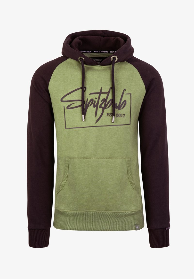 Green and dark brown hooded sweatshirt, featuring a front pocket, drawstring hood, and printed text design with "Spitzbub EST 2017."
