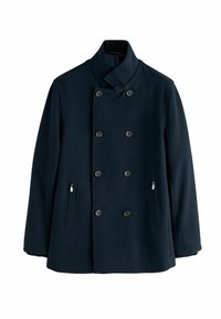 Marineblauer zweireihiger Mantel mit hohem Kragen, sechs schwarzen Knöpfen, seitlichen Reißverschlusstaschen und einem glatten, strukturierten Stoff.