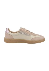 Beige und pink Sneaker mit einer strukturierten Gummisohle, Schnürdesign, seitlichem Reißverschluss und glatten Akzenten. Materialien bestehen aus Wildleder und synthetischem Leder.