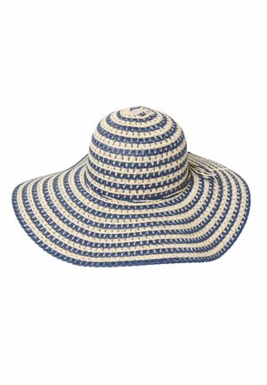 Cappello di paglia a tesa larga, con strisce alternate blu e crema. Intreccio strutturato con corona arrotondata e tesa svasata.