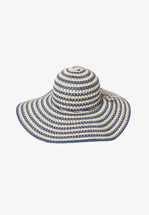 Cappello di paglia a tesa larga, con strisce alternate blu e crema. Intreccio strutturato con corona arrotondata e tesa svasata.