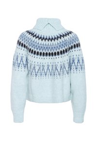 Hele sinise sooniga, millel on kõrge krae, tumeda sinise ja musta mustriga õlg ning ribaga mansetid ja ääred.