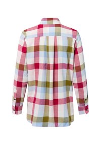 Koszula na guziki z wielokolorowym wzorem kratki w kolorach czerwonym, zielonym, niebieskim i białym, o prostym kroju i długimi rękawami z mankietami.