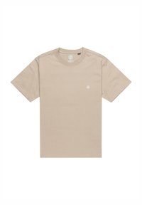 Beige Baumwoll-T-Shirt mit Rundhals und kurzen Ärmeln. Verfügt über ein kleines, rundes Logo auf der Brust. Glatte Textur und lässiges Design.
