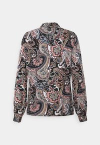 Blus med lång ärm i mörkt paisleymönster med rosa, blå och vita accenter, rynkad krage och resår vid ärmsluten.