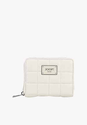 White quilted wallet with a smooth leather texture, featuring a brand logo plaque and a zip closure. Silver hardware accents are visible.